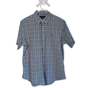 RALPH LAUREN POLO • LARGE plaid button down shirt short sleeve blue men's Spring